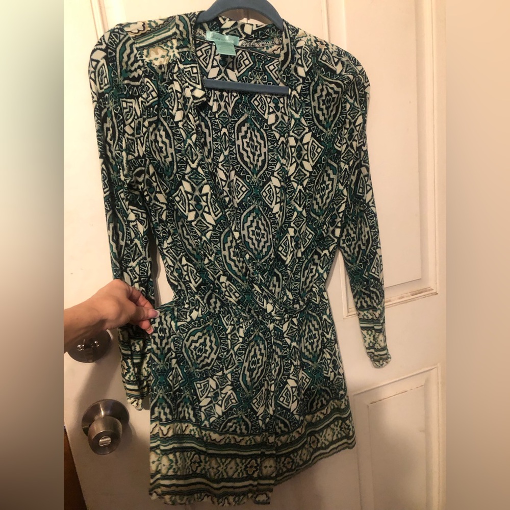 Green, white and beige long sleeve 70s style romper